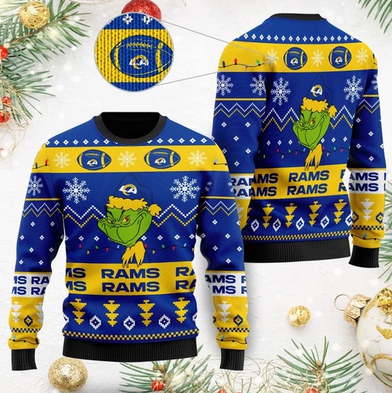 Los Angeles Rams American NFL Football Team Logo Cute Grinch Christmas Ugly Sweater- Best Christmas Gifts 2023