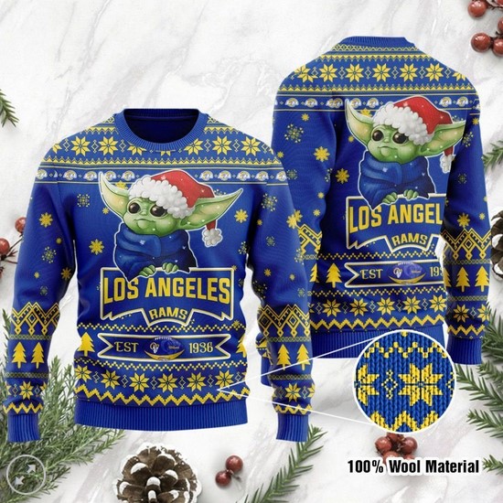 Los Angeles Rams Cute Baby Yoda Grogu Christmas Ugly Sweater- Best Christmas Gifts 2023