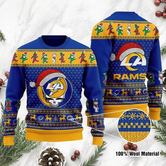 Los Angeles Rams Grateful Dead SKull And Bears Custom Name Christmas Ugly Sweater- Best Christmas Gifts 2023