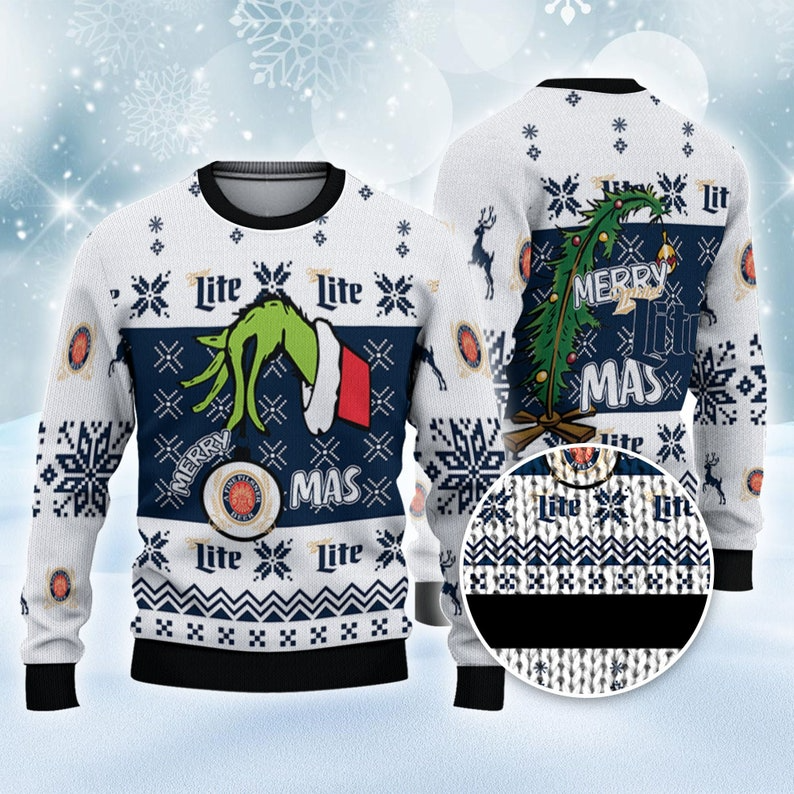 Miller Lite Ugly Sweater Snowy Night Grinch Hand