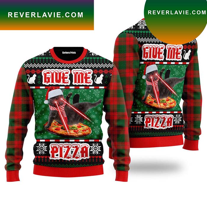 Naughty Pizza Cat With Laser Eyes Give Me Pizza Ugly Christmas Sweater- Best Christmas Gifts 2023