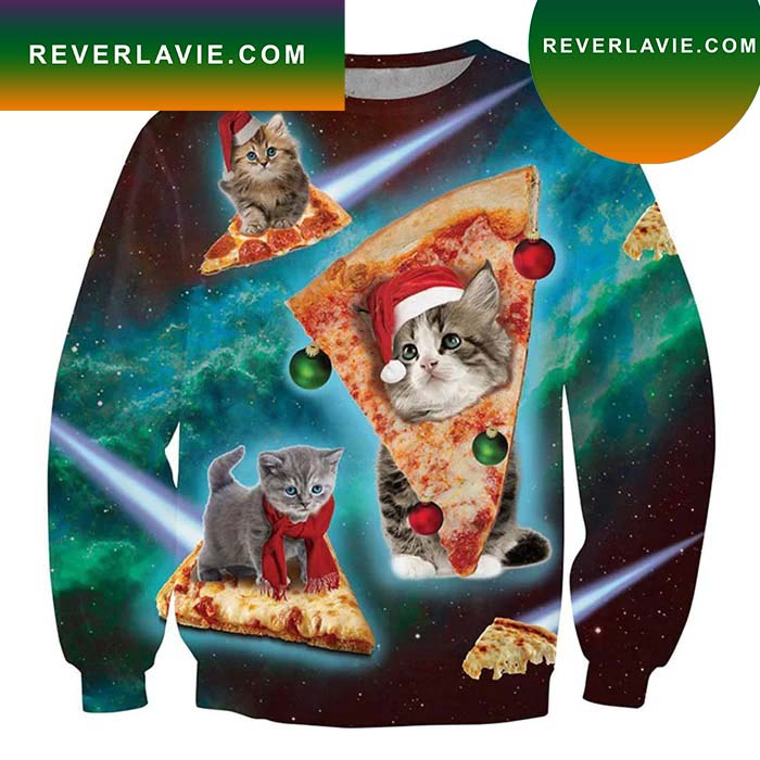 Pizza Cat Dark Green Ugly Christmas Sweater- Best Christmas Gifts 2023