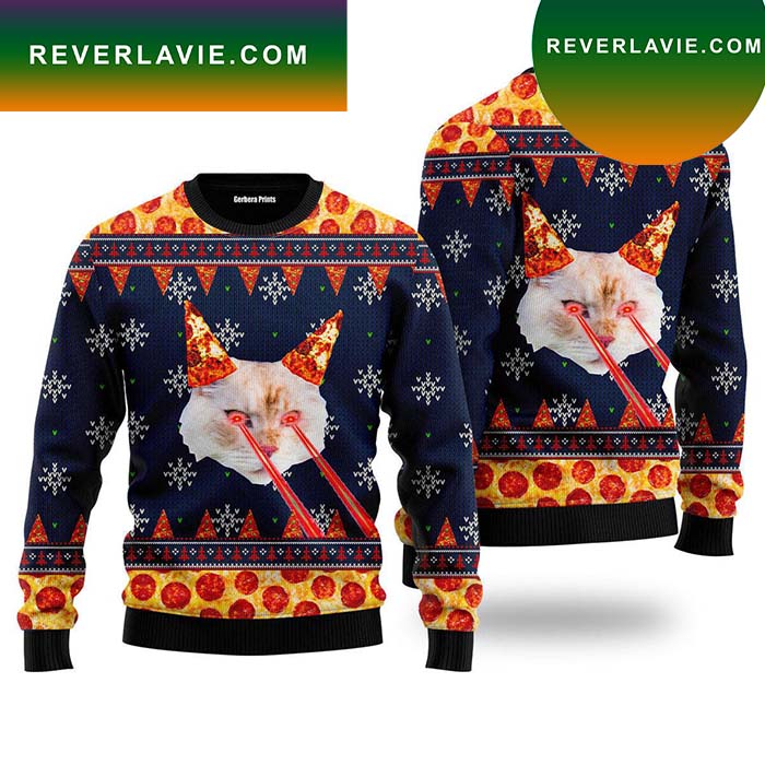 Pizza Cat With Laser Eyes Fire Ugly Christmas Sweater- Best Christmas Gifts 2023