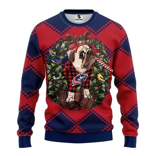 Reindeer Pug Dog Columbus Blue Jackets Christmas Ugly Sweater- Best Christmas Gifts 2023