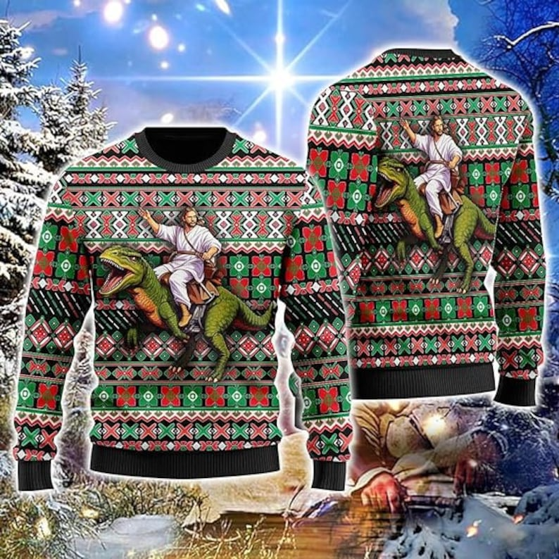 Santa Jesus Ride Dinosaur Ugly Christmas Sweater