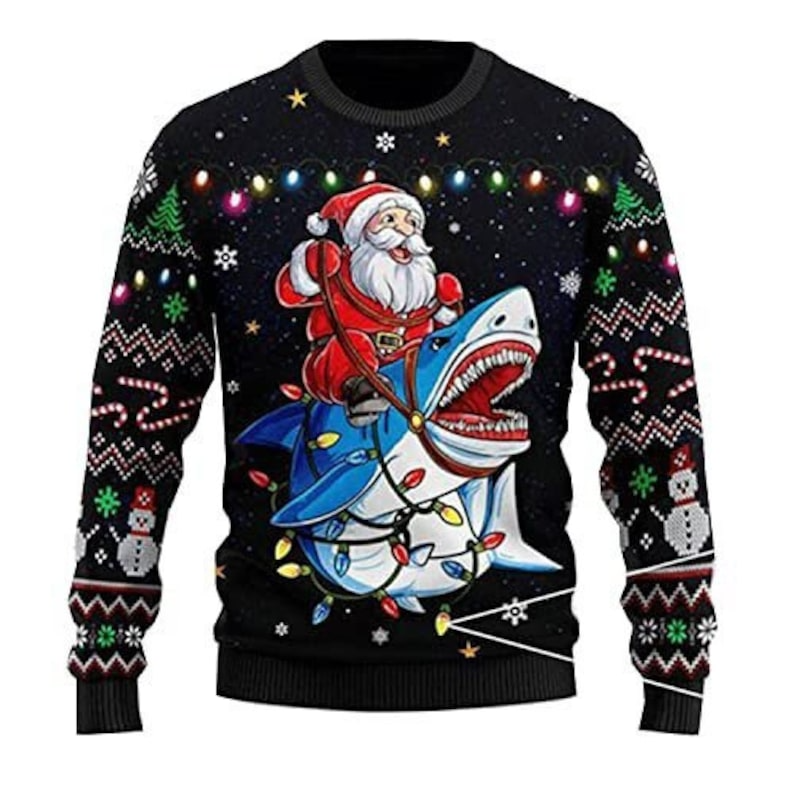 Santa Riding Shark Christmas Ugly Sweater