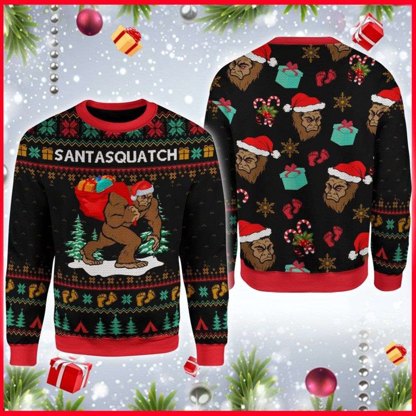 Sasquatch Santa Carrying Presents Christmas Ugly Sweater- Best Christmas Gifts 2023