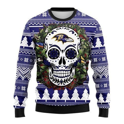 Skull Flower Calavera Baltimore Ravens Christmas Ugly Sweater- Best Christmas Gifts 2023