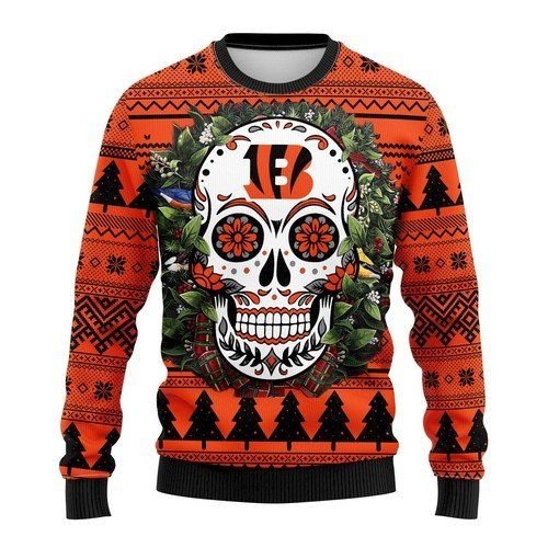 Skull Flower Calavera Cincinnati Bengals Christmas Ugly Sweater- Best Christmas Gifts 2023