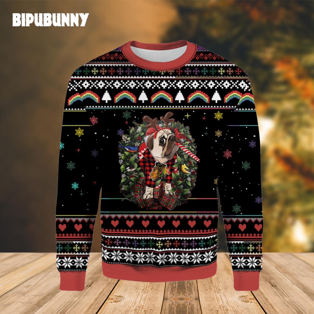 Chicago Blackhawks Pug Funny Christmas Ugly Sweater