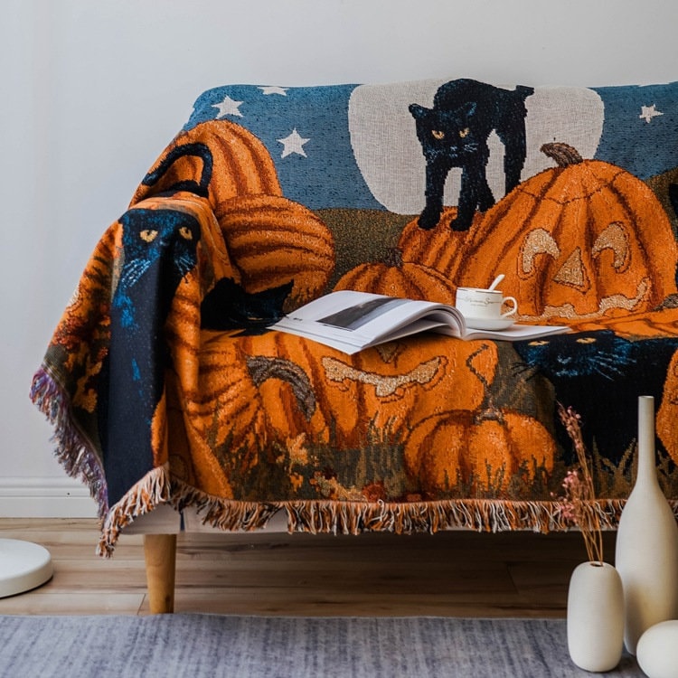 Halloween Pumpkin Black Cat Furniture Throw Picnic