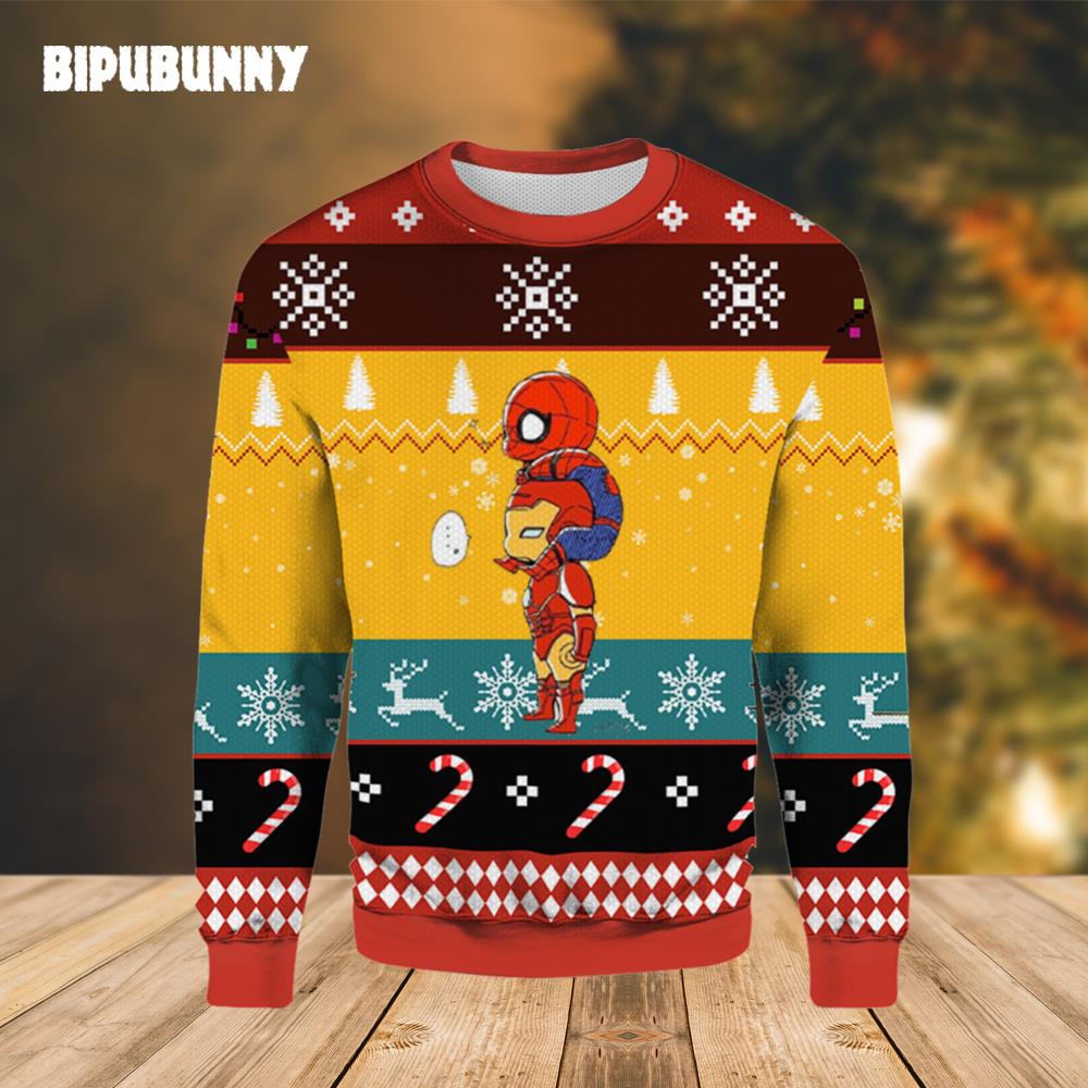 Iron Man Carries Spider Man Christmas Sweater