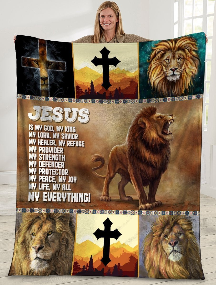 Jesus Is My God My King Lion Cross For Christ Christian Blanket