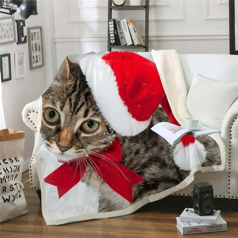 Kawaii Kitten Wearing Santa Hat With Red Bow Blanket