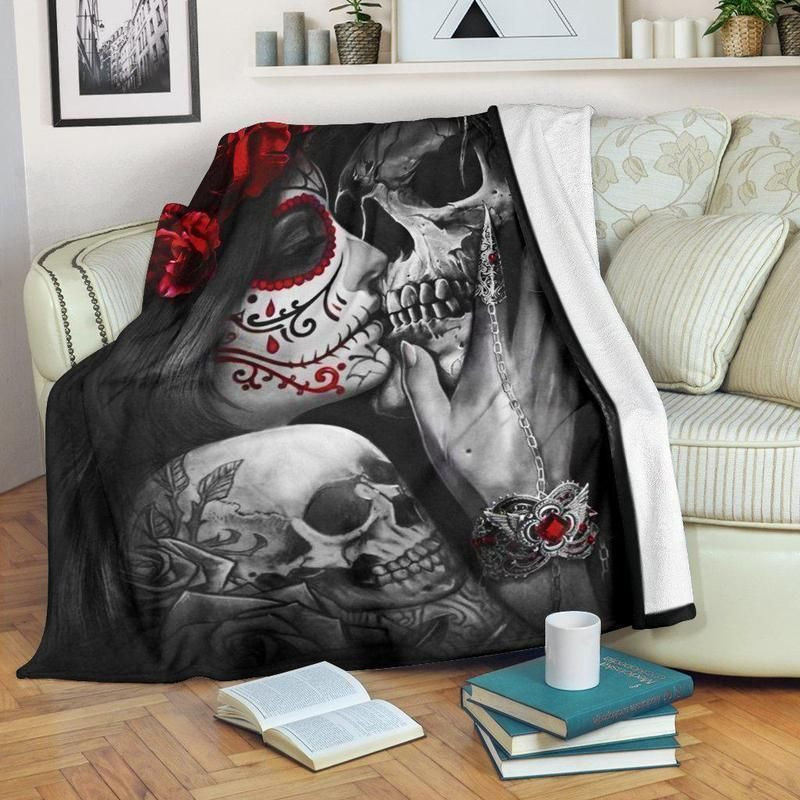 Kiss Skull Tattoo Rose For Couple Skull Lovers Blanket