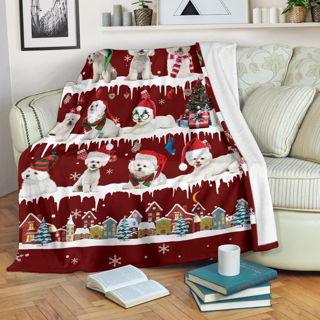 Lovely Bichon Family Snow Town Christmas Blanket