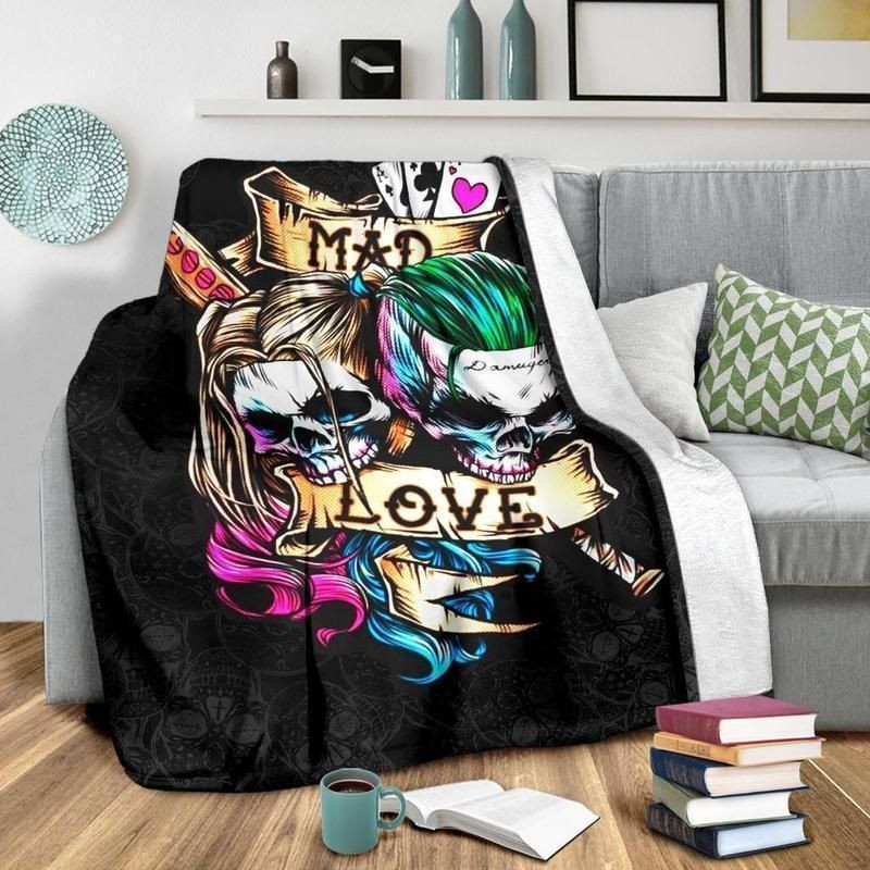 Mad Love Skull Card Colorful For Couple Skull Lovers Blanket