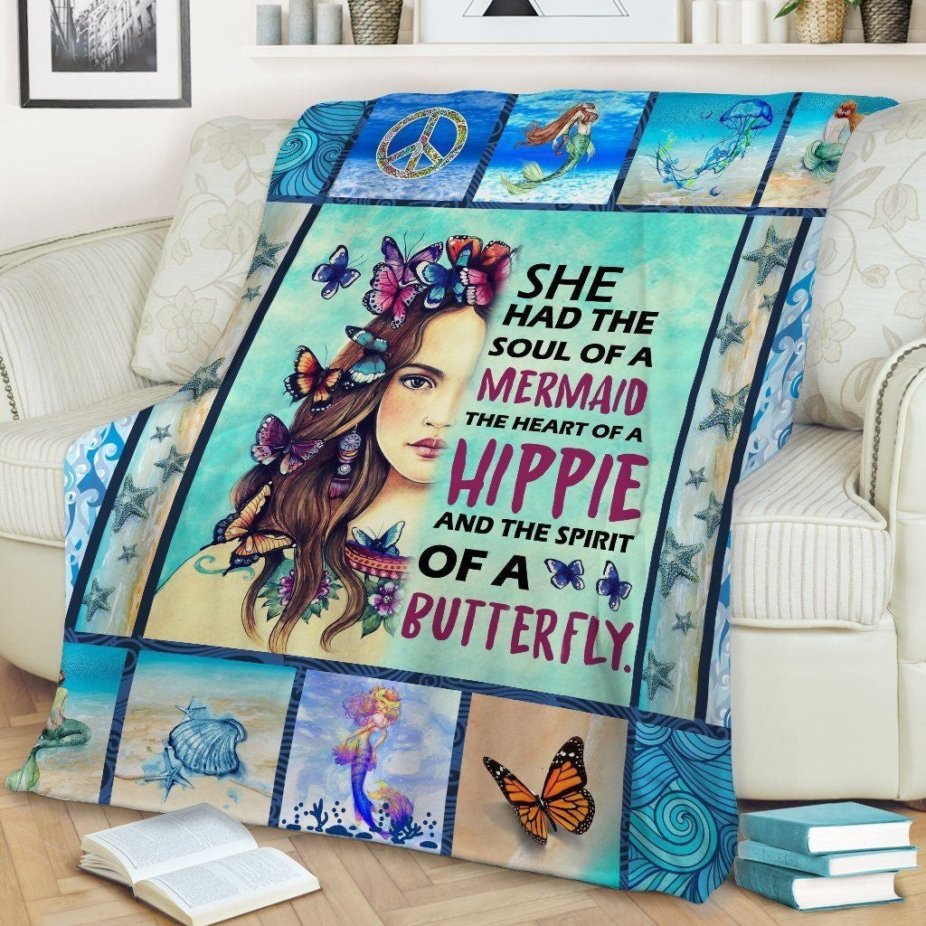 Mermaid Hippie She Had The Spirit Of A Butterfly Peace Sign Blanket