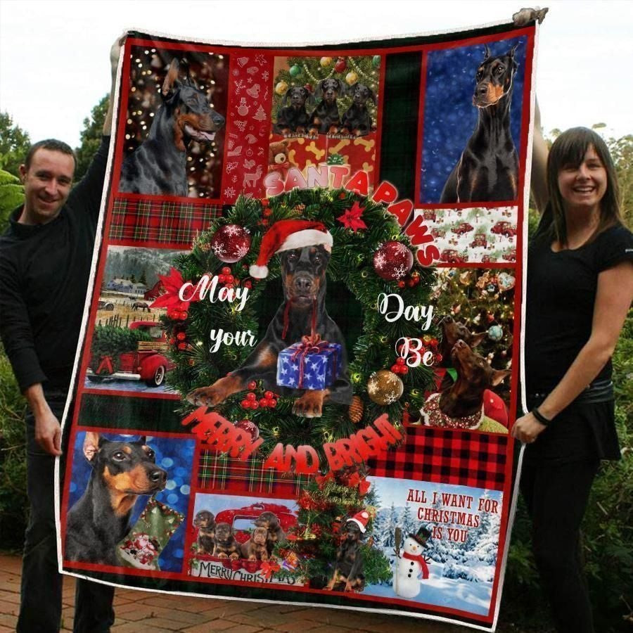 Merry And Bright Dobermann Christmas Wishing Blanket