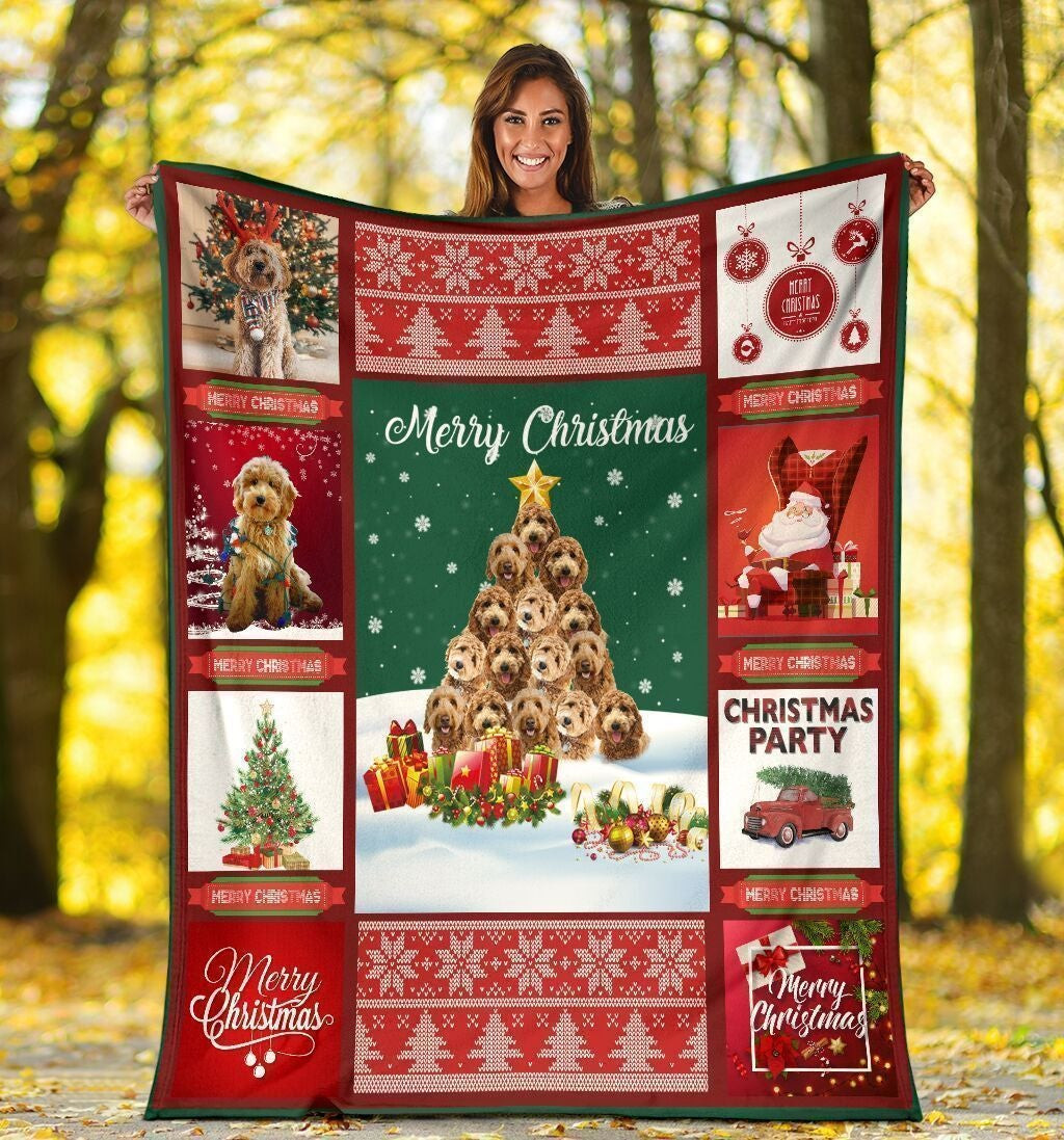 Merry Christmas Goldendoodle Dog Tree Christmas Blanket