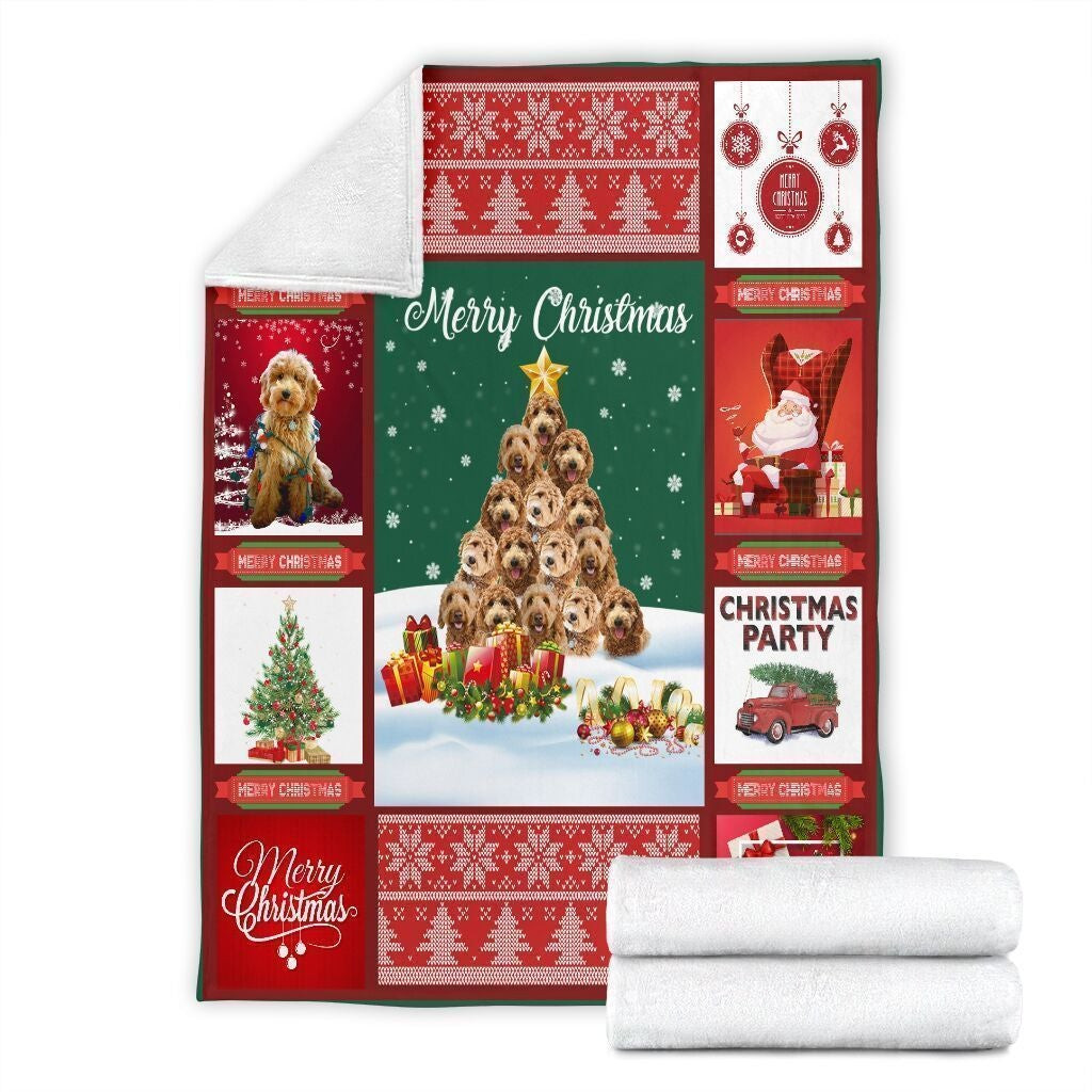 Merry Christmas Goldendoodle Dog Tree Xmas Blanket