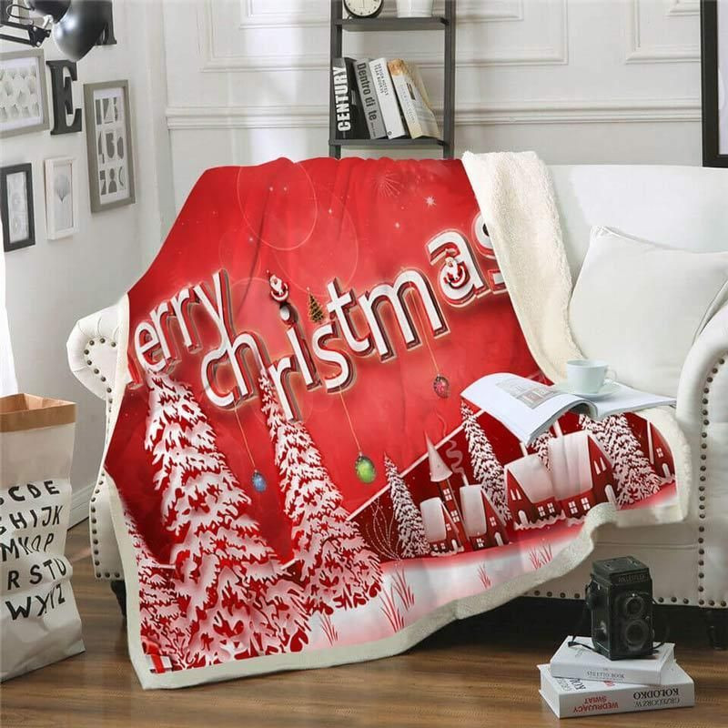 Merry Christmas Red Houses And Trees Blanket