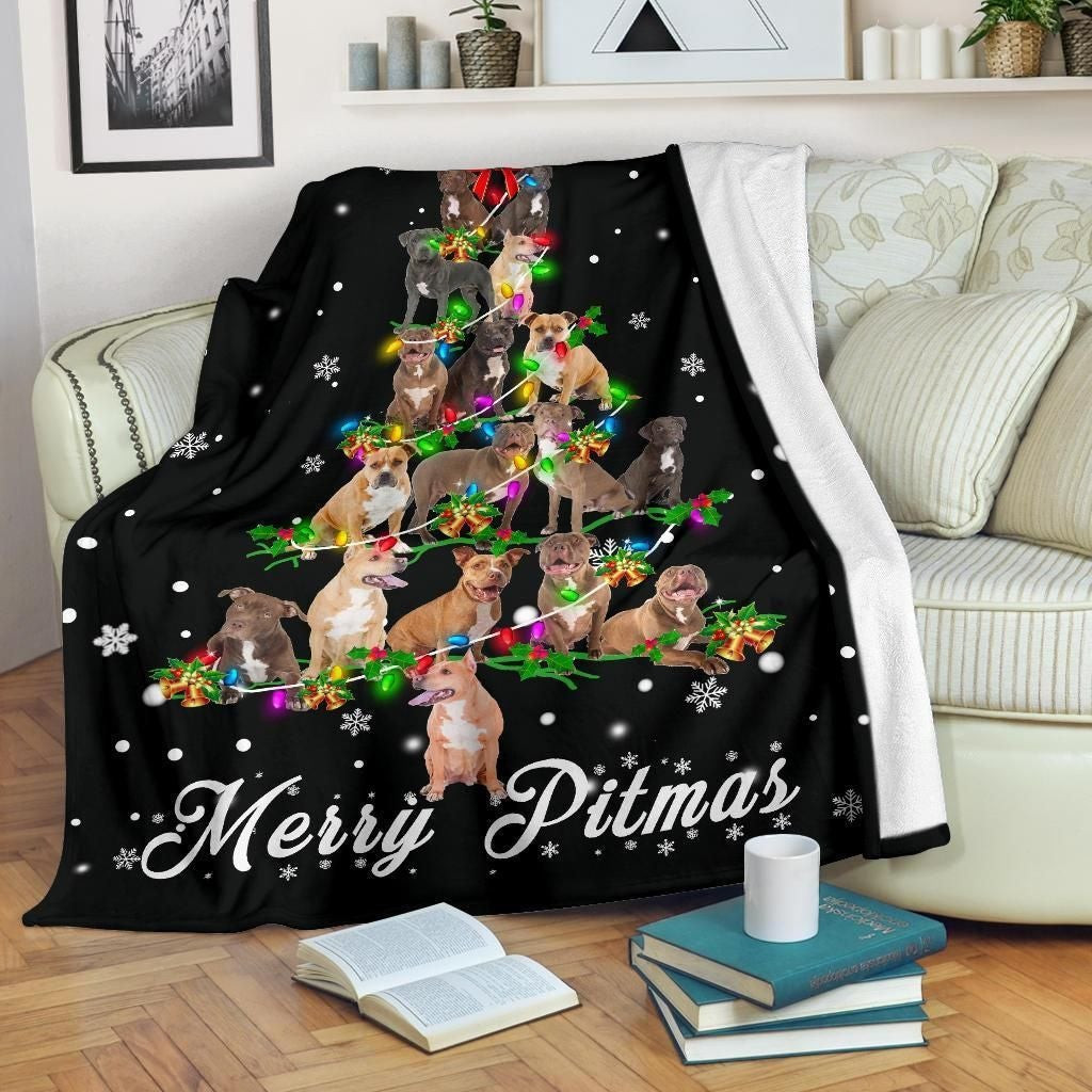 Merry Xmas Pitbull Christmas Tree Blanket