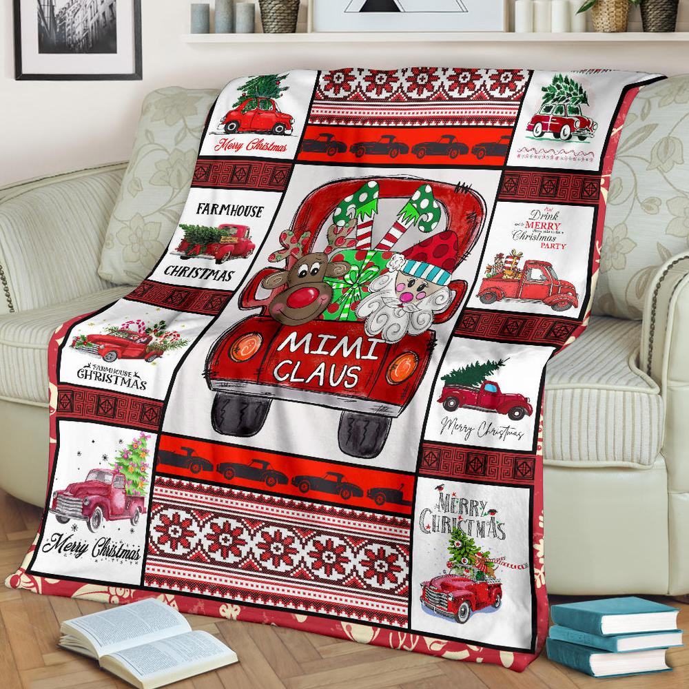 Mimi Claus Merry Christmas Red Truck Reindeer Elf Santa Christmas For Grandma Blanket