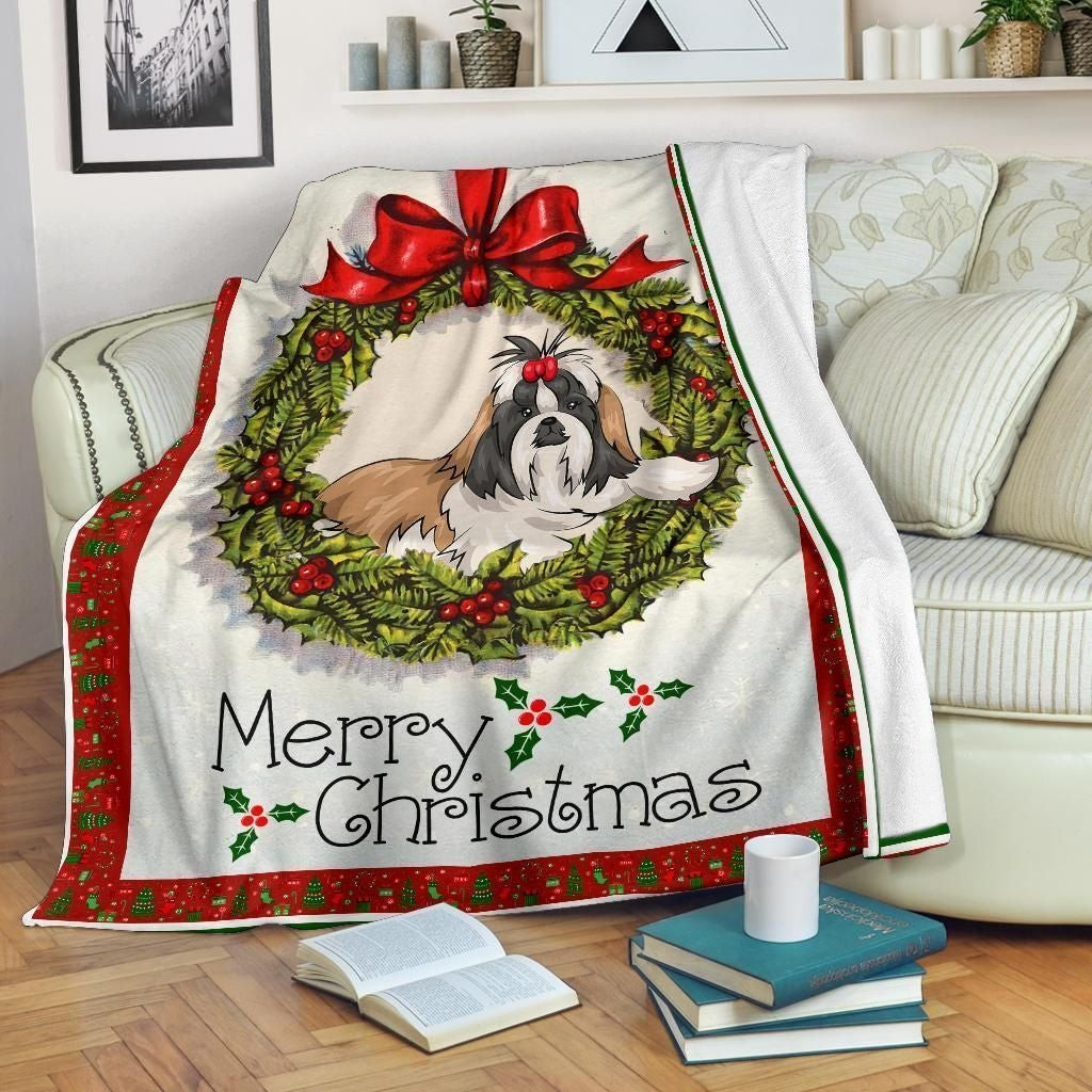 Mistletoe Wreath Berries With Christmas Shihtzu Blanket