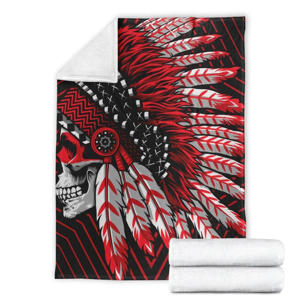 Native American Indian Skull Red Feather Headdress Blanket