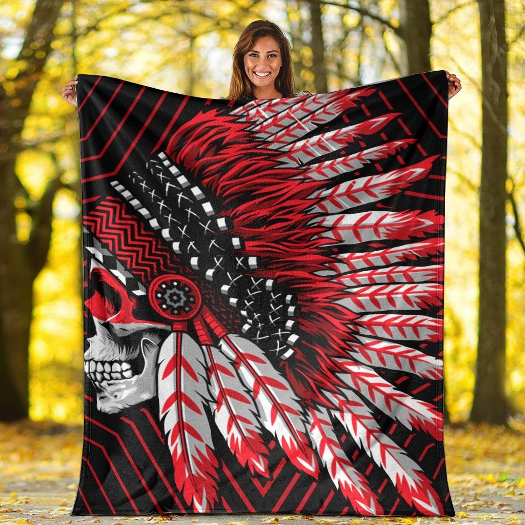 Native American Indian Skull Red Feather Headdress Blanket