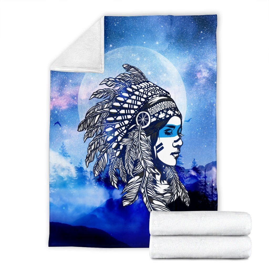 Native American Native Girl And Moon Feather Headdress Blanket