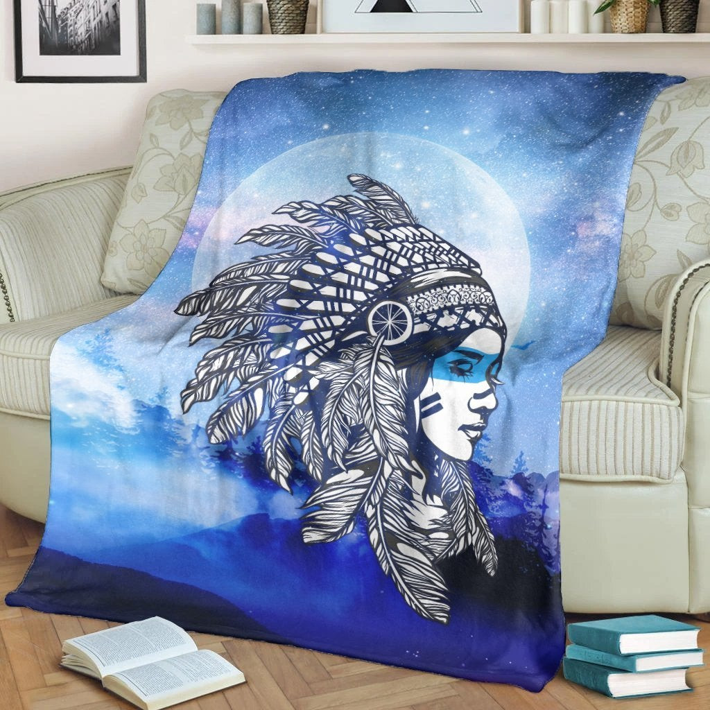 Native American Native Girl And Moon Feather Headdress Blanket