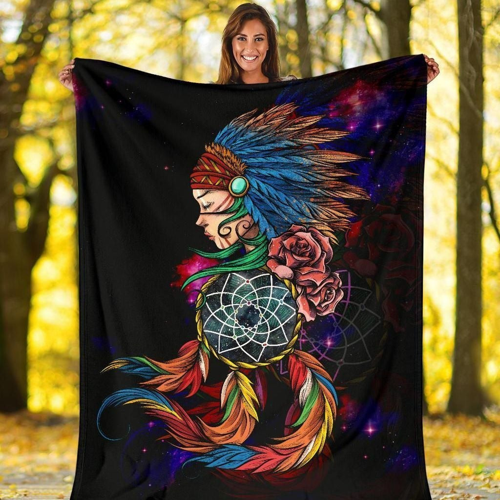 Native American Native Girl Feather Headdress Dreamcatcher Galaxy Blanket