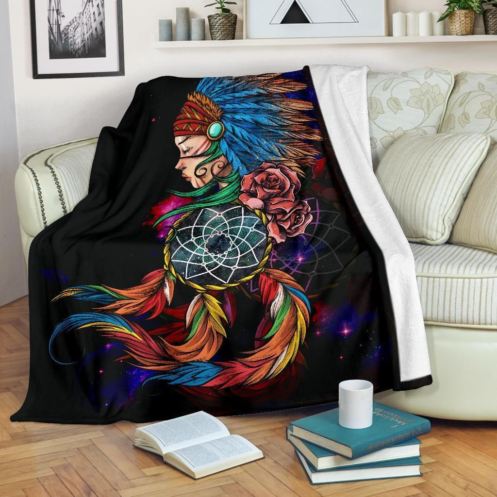 Native American Native Girl Feather Headdress Dreamcatcher Galaxy Blanket