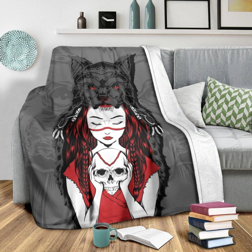 Native American Native Girl With Wolf Skull Blanket