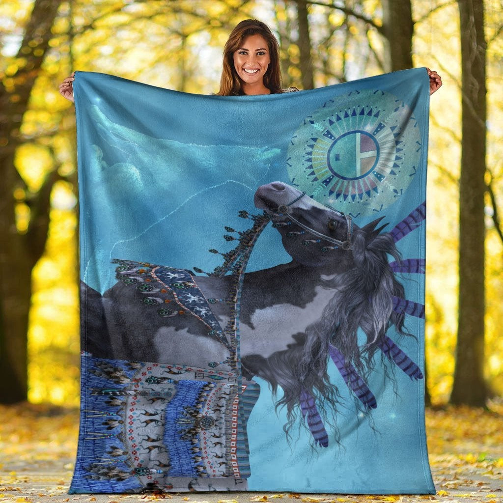 Native American Native Horse And Wolf Blue Blanket