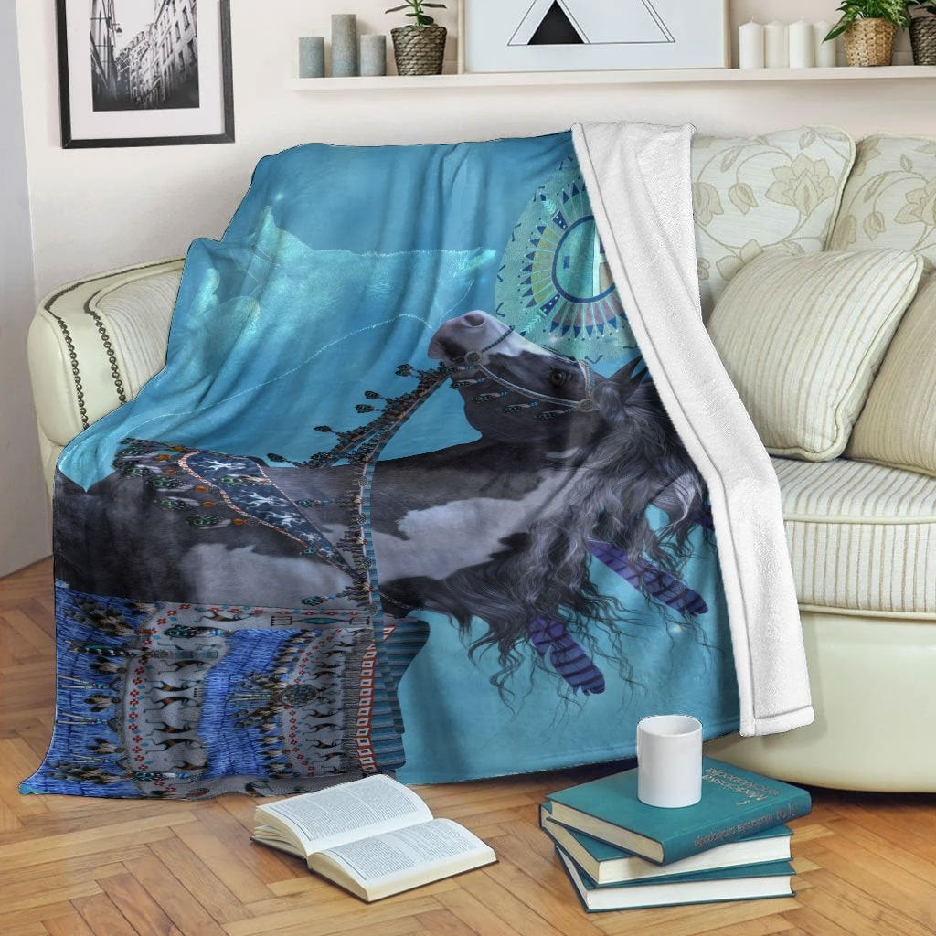 Native American Native Horse And Wolf Blue Blanket