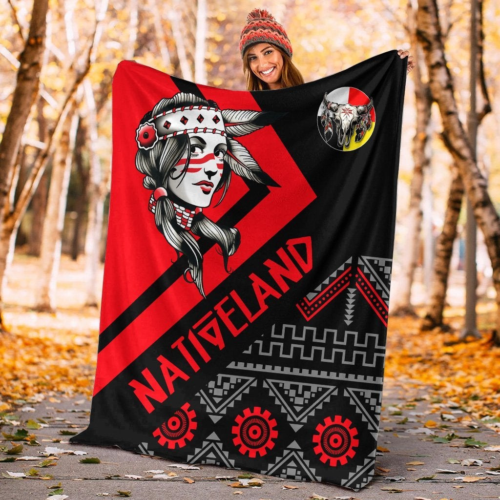 Native American Nativeland Indian Girl With Feather Headdress Blanket