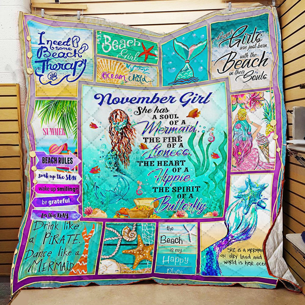 November Girl A Soul Of A Mermaid Summer On The Beach Gift For Daughter Sister Girlfriend Birthday Throw Blanket