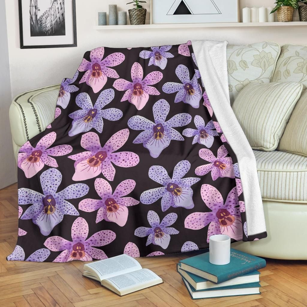 Orchid Pattern Black Throw Blanket