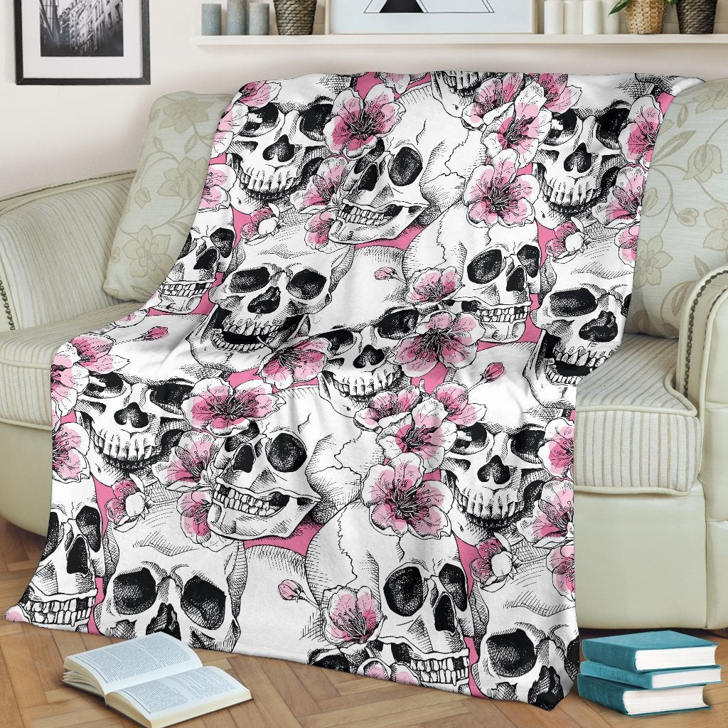 Pink Flowers Skull Pattern Throw Blanket