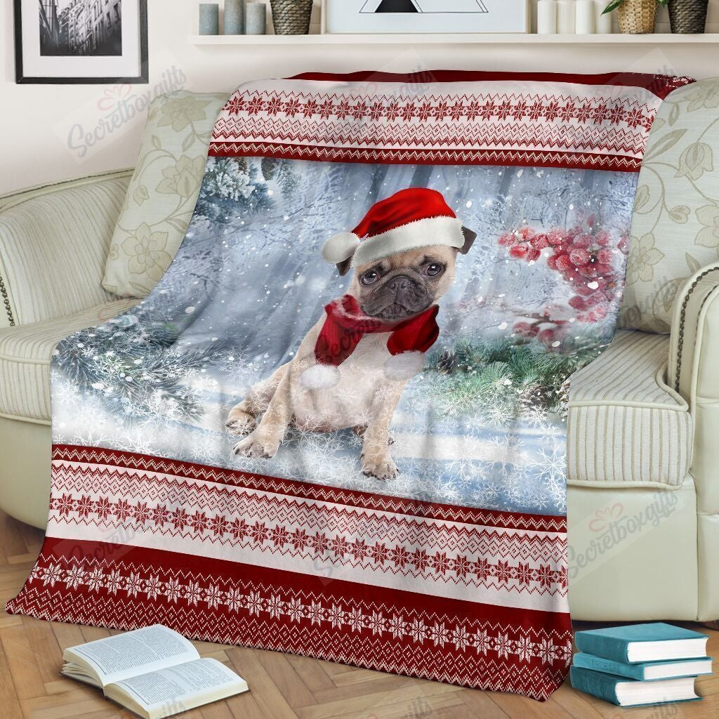 Pug Christmas Snow Trees And Berries Throw Blanket