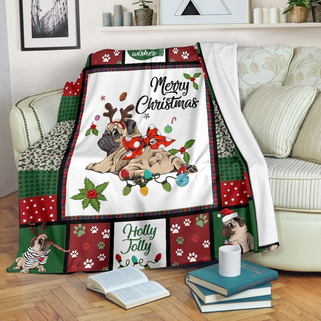 Pug Merry Christmas Holly Joylly Reindeer Xmas Throw Blanket