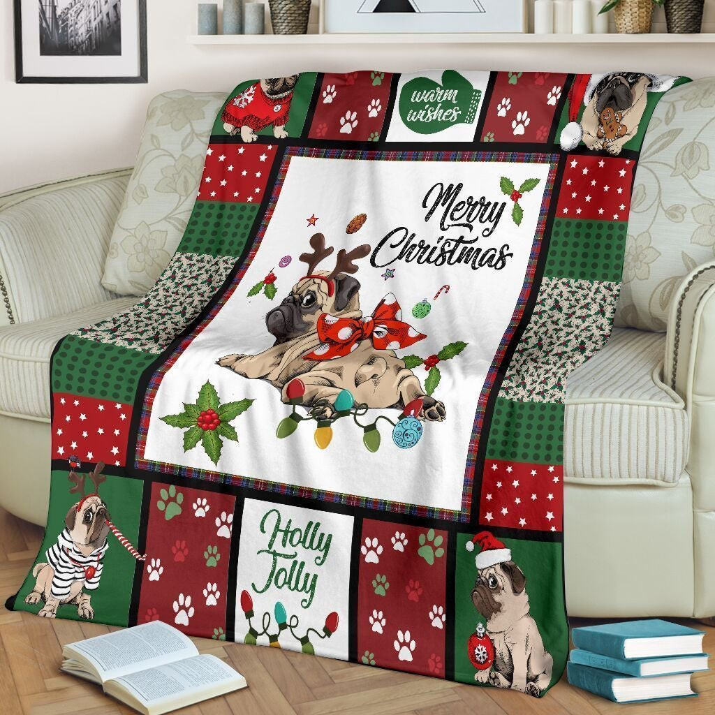 Pug Merry Christmas Holly Joylly Reindeer Xmas Throw Blanket