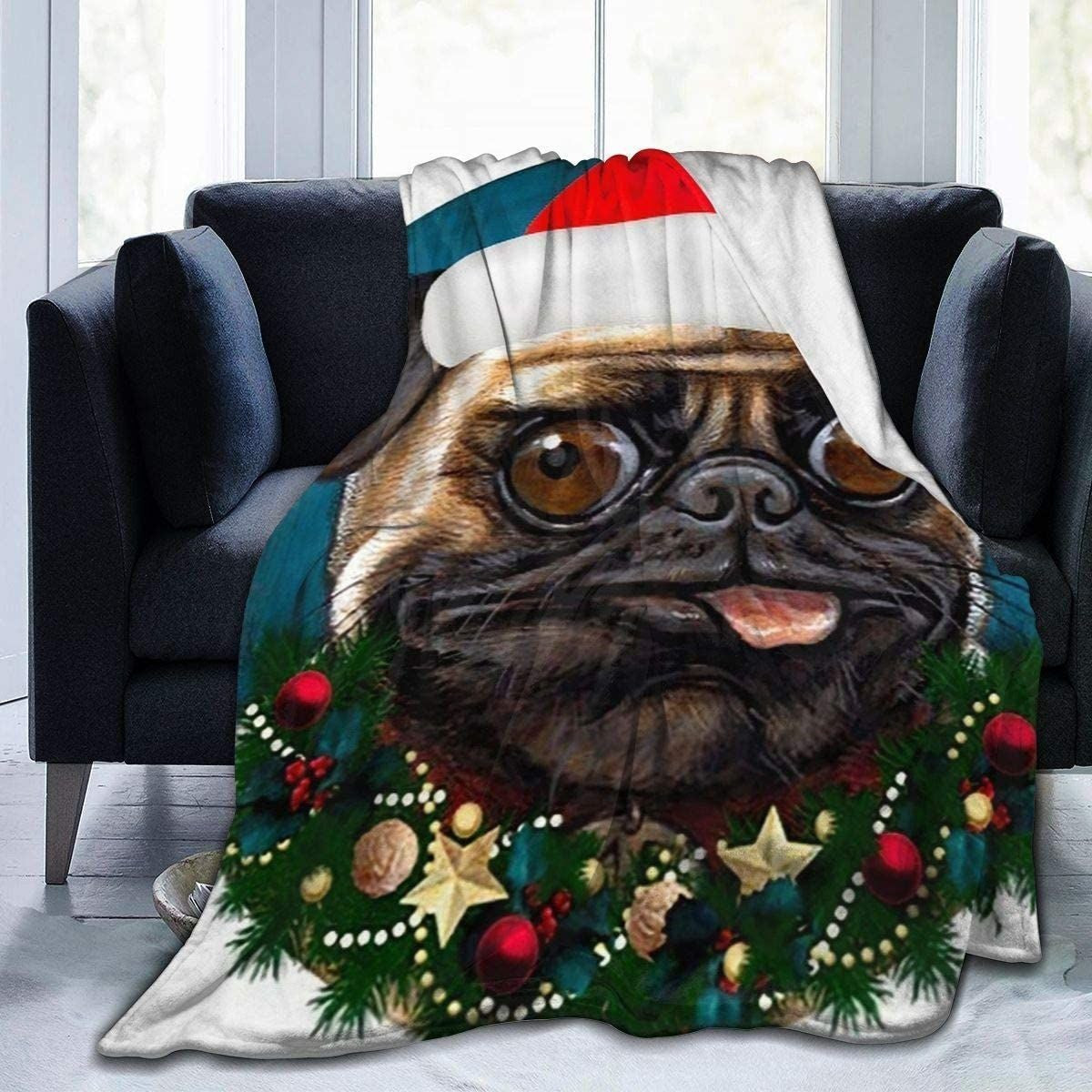 Pug Wearing Christmas Wreath Xmas Throw Blanket