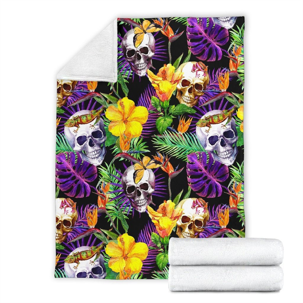 Purple Tropical Skull Pattern Throw Blanket