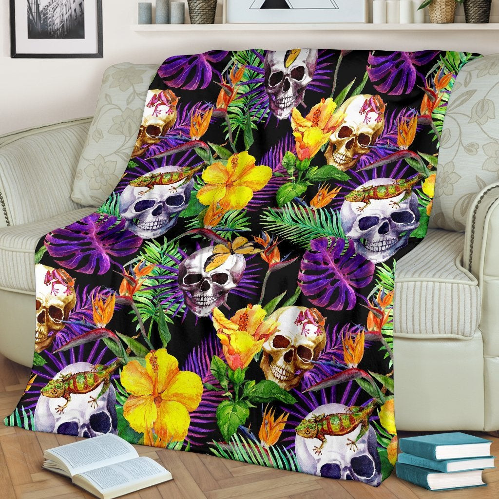 Purple Tropical Skull Pattern Throw Blanket