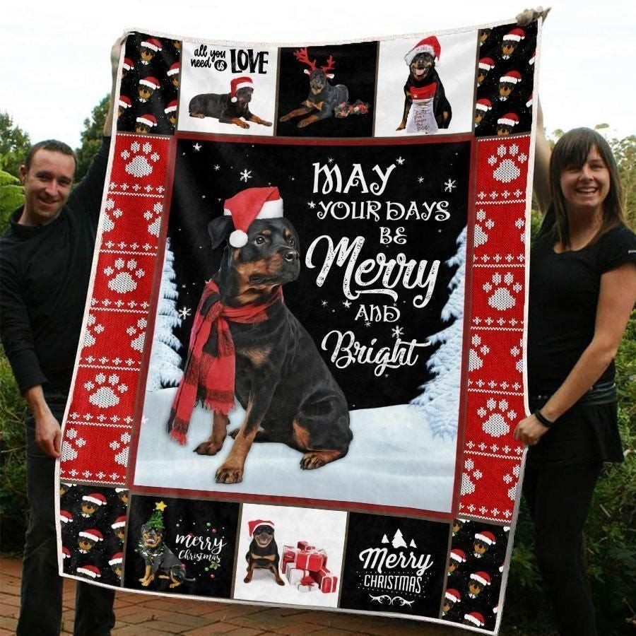 Red And White Dog Paw Knitting Rottweiler Christmas Throw Blanket