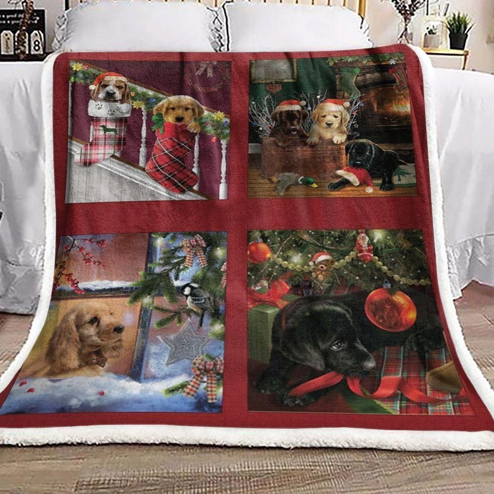 Red Background Puppy Christmas Tree Decoration Throw Blanket